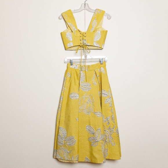 Mandi Line Jacquard Dress Lace Up Top Midi Skirt Set Embellished Yellow XS/S - Picture 3 of 15